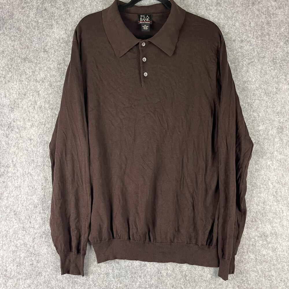 Jos A Bank 100% Silk Polo Sweater Mens XL‎ Brown Long Sleeve Signature Grandpa